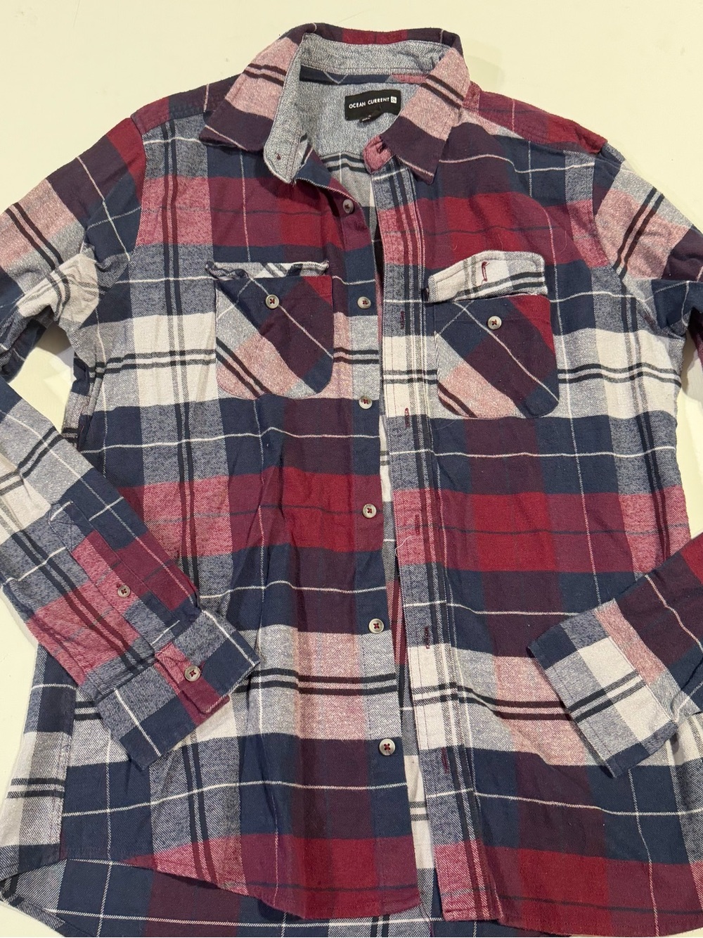 Ocean Current Red, Navy & White Plaid Flannel Shirt